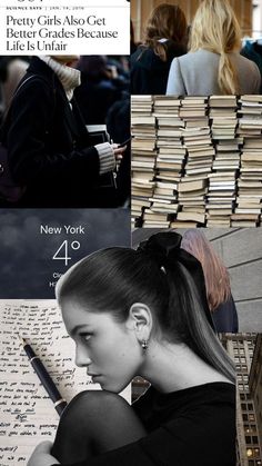 a collage of photos with people writing and looking at books in the background, including an image of a woman holding a pen