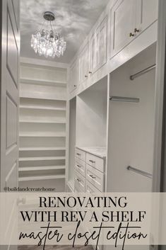 an empty closet with the words renovating with rev a shelf master closet in white