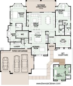 the floor plan for a home with three car garages and two living areas,