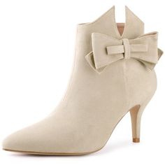 A slim, clean-lined silhouette featuring a pointy toe and setback stiletto makes this ankle boot perfect for adding a finishing touch to your look. Ankle Boots; Pointed Toe; Stiletto Heel; Bow Decorate; Vamp: Faux Suede; Outsole: Rubber; Heel: ABS; Heel Height: 3 inches, Shaft Height: 4 3/4 inches. Please check your size to make sure the item fits before ordering. Elegant Pointed Toe Heeled Boots With Zipper, Beige Pointed Toe Heeled Boots For Party, Beige Pointed Toe Party Boots, Chic Beige Heeled Boots For Party, Chic Beige Heeled Boots For Office, Elegant Ankle Boot Heels With Zipper Closure, Elegant Ankle-high Heels With Zipper Closure, Beige Pointed Toe Heeled Boots For Evening, Chic Workwear Heels With Zipper Closure