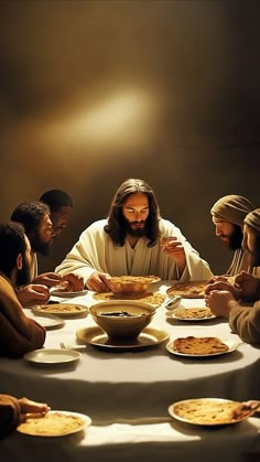 a group of people sitting around a table with pies on it and jesus in the middle