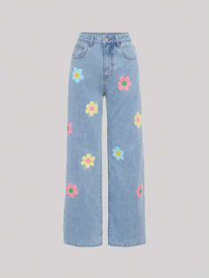 Details:Button \nFit Type:Loose \nDetails:Pocket \nDetails:Zipper \nClosure Type:Zipper Fly \nColor:Light Wash \nPattern Type:Floral \nType:Wide Leg \nWaist Line:Natural \nLength:Long \nFabric:Non-Stretch \nMaterial:Denim \nComposition:68% Cotton \nComposition:16% Polyester \nComposition:14% Viscose \nComposition:2% Modal \nCare Instructions:Machine wash, do not dry clean \nBody:Unlined \nSheer:No \n Girls Denim, Teen Girls, Girls Jeans, Wide Leg Jeans, Leg Jeans, How To Find Out, Wide Leg, Floral Print