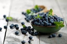 blueberries in a green bowl on a wooden table with mint leaves scattered around them