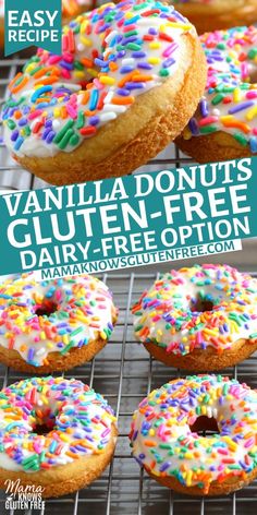 Gluten-free vanilla donuts with topped with vanilla icing and sprinkles. Dairy Free Donuts, Gluten Free Dairy Free Dessert, Paleo Snack, High Protein Desserts, Protein Desserts, Gluten Free Sweets