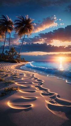 the sun is setting on an ocean beach with palm trees and footprints in the sand