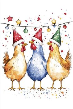 three chickens wearing christmas hats hanging from a line with stars and confetti on it