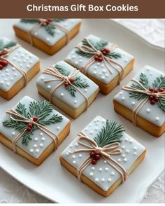 christmas gift box cookies on a white plate