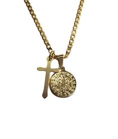 Cadena con doble dije; Cruz y San Benito (ambos lados) Material : acero inoxidable y baño de oro (cadena y dije) Cadena :50cm 3mm de ancho Cruz: 24mm San Benito: 18mm Gold Chain Pendant Necklace In Stainless Steel, Gold Stainless Steel Round Pendant Necklace, Gold Metal Cross Charm Necklaces, Gold Stainless Steel Cross Necklace With Adjustable Chain, Gold Medallion Charm Necklace With Chain, Gold Spiritual Cross Necklace In Stainless Steel, Gold Stainless Steel Spiritual Cross Necklace, Gold Cross Charm Necklaces, Gold Cross Pendant Charm Necklace With Adjustable Chain