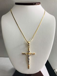 "18K GOLD FILLED CROSS NECKLACE . FOR GOOD LUCK,PROTECTION,HEALTH AND ANY KIND OF DIFFICULTY .20\" LONG CHAIN. PENDANT SIZE: 55 X 28 mm 18K GOLD FILLED CADENA DE CRUZ . PARA PROTECCION,BUENA SUERTE,SALUD Y PARA CUALQUIER CASO DIFICIL.20\" LARGO CADENA. TAMANO DEL DIJE: 55 X 28 mm" Baddie Jewelry, Jesus Necklace, Figaro Necklace, Cross Jesus, Good Luck Bracelet, Dream List, For Good Luck, Pompano Beach, Expensive Jewelry