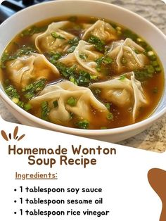 a bowl of homemade wonton soup with broccoli in it and instructions on the side