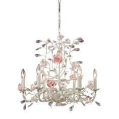 a white chandelier with pink flowers and candles hanging from the bottom, on a white background