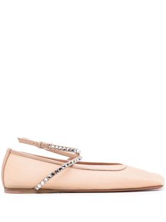 beige mesh design crystal embellishment leather trim square toe buckle-fastening ankle strap branded leather footbed flat leather sole rubber outsole Amina Muaddi Shoes, Satin Ballet Flats, Embellished Shoes, Suede Ballet Flats, Amina Muaddi, Pink Pumps, White Pumps, Black Ballet Flats, Ballet Pumps