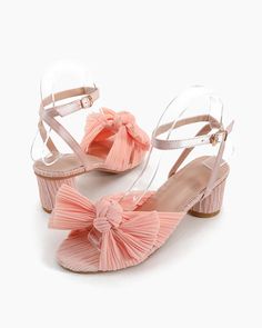 Pleated Bow Open Toe Chunky Block Heel Sandals Blue Champagne, Block Heel Sandals, Chunky Block Heels, Comfortable Flats, Slipper Sandals, Fashion Sandals, Slingback Heel, Fashion High Heels, Leather Slides