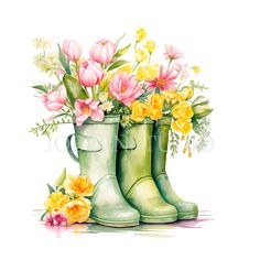 watercolor painting of rain boots and flowers