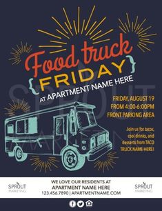 the food truck friday flyer with an image of a firetruck and fireworks in the background