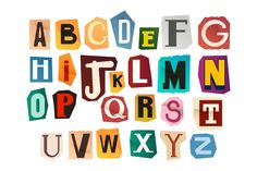 the letters are made up of different colors and shapes, including one that has been cut out