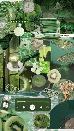 a collage of green and white items including flowers, trees, plants, and other things