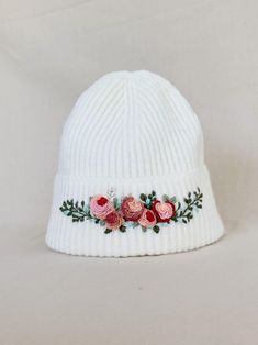 Hand Embroidered Floral Beanie, Custom Beanie, Wool Hat, Warm Hat, Boho Beanie, Winter Hat, Knitted Beanie, Handmade Hat, Christmas Gift - Etsy Embroidery Beanie Ideas, Embroidery Beanie, Boho Beanie, Floral Beanie, Sewing Pillows, Knitted Beanie, Handmade Hat, Flower Embroidery Designs, Skull Cap Beanie