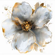 a white and gold flower with watercolor paint splatters on it's petals