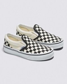 Vans | Kids Classic Checkerboard Slip-On Black/White Shoes Retro Rubber Sole Skate Shoes For Spring, Retro Skate Shoes With Rubber Sole For Spring, Spring Retro Skate Shoes With Rubber Sole, Black Retro Canvas Shoes With Round Toe, Classic Skate Shoes With Rubber Toe Cap, Vintage Vans Sneakers With Round Toe, Black Canvas Shoes With Rubber Waffle Outsoles, Retro Round Toe Canvas Shoes For Skateboarding, Vintage Black Sneakers For Spring