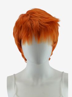 The Epic Cosplay Hermes has naturally feathered layers all throughout giving it a textured look and making it perfect for voluminous and spiked styles. This style extends down at the nape of the neck to hide any existing hairline. Short bangs in the front are easy to style upwards or flat against the forehead with the help of a flat iron or blow dryer allowing this wig to be versatile and used for a variety of different looks. The adjustable breathable 23" cap makes it capable of fitting both ma Orange Pixie Hair, Brown Pixie Hair, Orange Wigs, Lemonade Mouth, Orange Wig, Feathered Layers, Boyish Style, Autumn Orange, Short Bangs