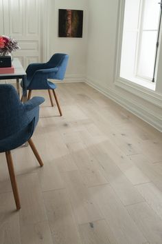 two blue chairs sitting on top of a hard wood floor next to a white wall