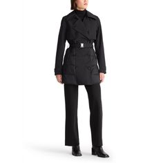 A modern twist on a wardrobe staple, this double-breasted trench is finished with an adjustable belt and contrasting premium down-filled quilted panels. Magnetic cuffs lend to the silhouette's streamlined feel. Designer Black Outerwear With Belted Cuffs, Black Designer Outerwear With Belted Cuffs, Modern Black Outerwear With Belted Cuffs, Designer Winter Outerwear With Belted Cuffs, Modern Belted Outerwear For Work, Modern Outerwear With Belted Cuffs For Work, Modern Outerwear With Belt Loops For Office, Modern Business Outerwear With Belted Cuffs, Modern Double-breasted Belted Outerwear