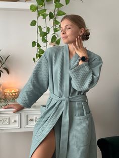 "Waffle HandMade Kimono style Bathrobe Wrap yourself into the most comfortable robe ever. Breathable, high-quality, cosy, and sustainable. Perfect as a gift for any occasion. Made from 100% pure organic Netherlandish cotton. Oeko-Tex Standard 100 Certified ® Enjoy the spa feeling at home! * Soft and comfortable * Absorbent and quick drying * Lightweight and breathable * Durable * Hypoallergenic * 100% cotton waffle  * Easy garment care SIZING Bathrobes are designed for a loose fit: S/M:  - total length (center back length) - 115 cm/45\"; - bust - 60 cm/23.6\"; L/XL:  - total length (center back length) - 115 cm/45\"; - bust - 66 cm/26\"; Models wearing size S/M Girl height 5'61 /168cm C O L O R S: Green We have a wide selection of colors: https://www.etsy.com/shop/KajStore?ref=seller-platf Green Sleep Robe, Cute Lounge Outfits, Fancy Robes, Mode Kimono, Sage Green Color, Women's Robe, Womens Robes, Girls Wear, Kimono Fashion