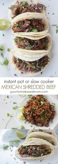 mexican shredded beef tacos with limes and cilantro