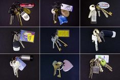 many different keys are shown together on the same page in this collage, each with their own keychain