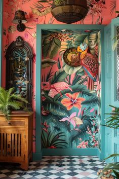 the door is painted with tropical flowers and birds on pink walls, along with black and white checkered flooring