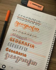 a notebook with some writing on it next to a pen and an orange highlighter