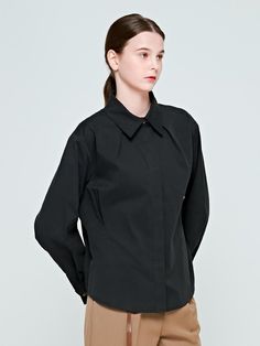 Composition : cotton 46%poly 40%nylin 10%span 4%Country of Origin : Republic of Korea Modern Long Sleeve Shirt For Office, Cotton Lapel Collar Blouse For Work, Modern Collared Shirt For Work, Office Wear Shirt With Spread Collar For Fall, Black Cotton Shirt For Office, Fall Season Office Wear Shirt With Spread Collar, Black Cotton Tops With Fold Down Collar, Black Cotton Top With Fold-down Collar, Black Cotton Top With Fold Down Collar