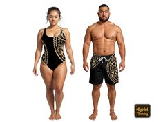 Men's swim trunks, one piece swimsuit, and Hawaiian pareos featuring half curved black tan Polynesian Samoan tribal design. Message me if you would rather these items were in another color or combination of colors. WOW! your friends and family in a swimwear that is unique as you are. WOMEN'S ONE PIECE SWIMSUIT * Available in sizes XS-2XL. * Made of 80% Polyester, 20% Spandex smooth and breathable fabric. * Scoop neck with tank straps. * Built in bra with soft removable cups. * UPF 50+ sun protec Black Hawaiian Swimwear For Beach Season, Polynesian Clothing, Matching Swimwear, Mens Swim Trunks, One Piece For Women, Sarong, Drawstring Waistband, Black Tan, Swim Trunks