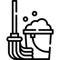 a black and white drawing of a bucket with water coming out of it, next to a plunger