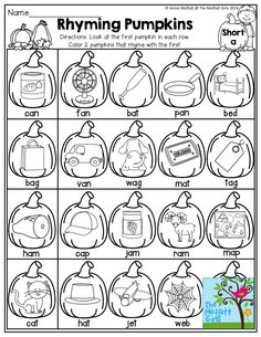 printable worksheet for pumpkins with the words rhyming pumpkins