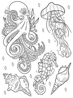 an octopus and other sea animals coloring pages for kids to print on the back of their body