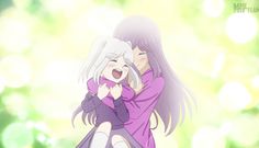 two anime characters hugging each other in front of green boket background with sunlight