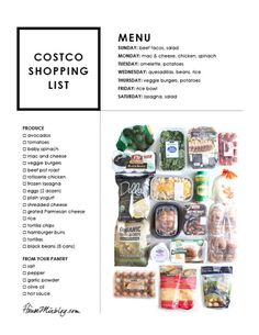 the costco shopping list is shown in black and white, with an image of food items