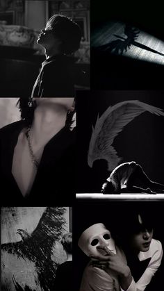 black and white photo collage with images of woman, bird, mask and shadow