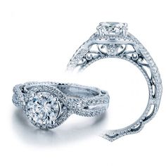 two engagement rings with diamonds on the sides and an intricate design in the top half