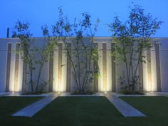 an outdoor area with grass, trees and lights on the side of a building at night