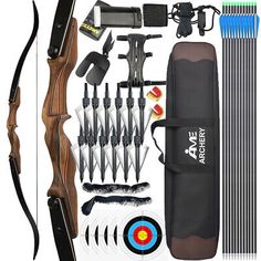 an assortment of archery equipment including bows, arrows and other things to include in the package