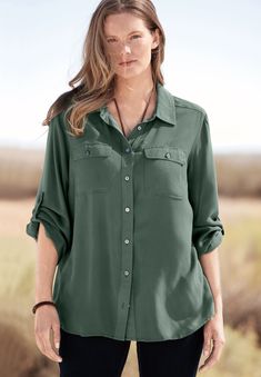 <div>A casual-cool utility shirt is a great addition to your wardrobe. Rolled sleeves with button tabs and buttoned-flap chest pockets add to the casual appeal.</div> Button Down Shirt For Women, Long Sleeve Chiffon Shirt, Linen Shorts Women, Gauze Shirt, Seersucker Shirt, Utility Shirt, Womens Scrubs, Rolled Sleeves, Woman Within