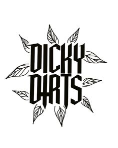 the word dicky darts written in black on a white background with leaves around it