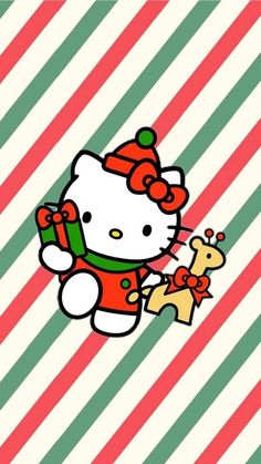 a hello kitty wallpaper with a giraffe on the bottom and a santa hat on top