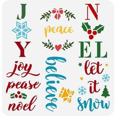 various christmas lettering and decorations on a white background with the words joy, peace, joy, let it snow