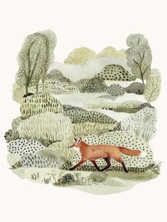 an illustration of a fox running through the woods with trees and snow on the ground