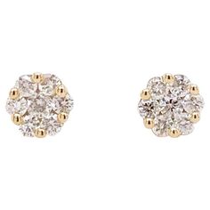 Diamond stud earrings make the best addition to any jewelry collection. These clustered diamond studs are the same size as 1/2 carat studs, made affordable by the petite floral cluster of diamonds. The layered design of the diamonds also adds to the sparkle on your ear. The quality of these earrings is beautiful and precise. These floral design diamond studs are a perfect gift for yourself, a family member, or a significant other! The details for these sparkling diamond cluster earrings are list Diamond Cluster Earrings, Flower Cluster, Simple Diamonds, Colorless Diamond, Star Jewelry, Diamond Stud Earrings, Diamond Flower, Huggie Earrings, Yellow Gold Earring