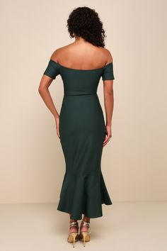 Slip into the Lulus How Much I Care Dark Green Off-the-Shoulder Midi Dress and dance the night away! Medium-weight stretchy ponte knit shapes this stunning dress that features a sweetheart neckline (with no-slip strips) and darted bodice, framed by short off-the-shoulder sleeves. Fitted waist tops a figure-flattering midi skirt with a trumpet silhouette and ruffled high-low hem. Fit: This garment fits true to size. Length: Knee to mid-calf length. Size medium measures 50" from top to bottom. Bus Dark Green Midi Dress Lulus, Fitted Green Off Shoulder Midi Dress, Fitted Green Midi Dress With Sweetheart Neckline, Green Off-shoulder Ruched Midi Dress, Green Off-shoulder Ruffled Midi Dress, Mermaid Dark, Midi Dress Cocktail, Dark Green Midi Dress, Trumpet Silhouette